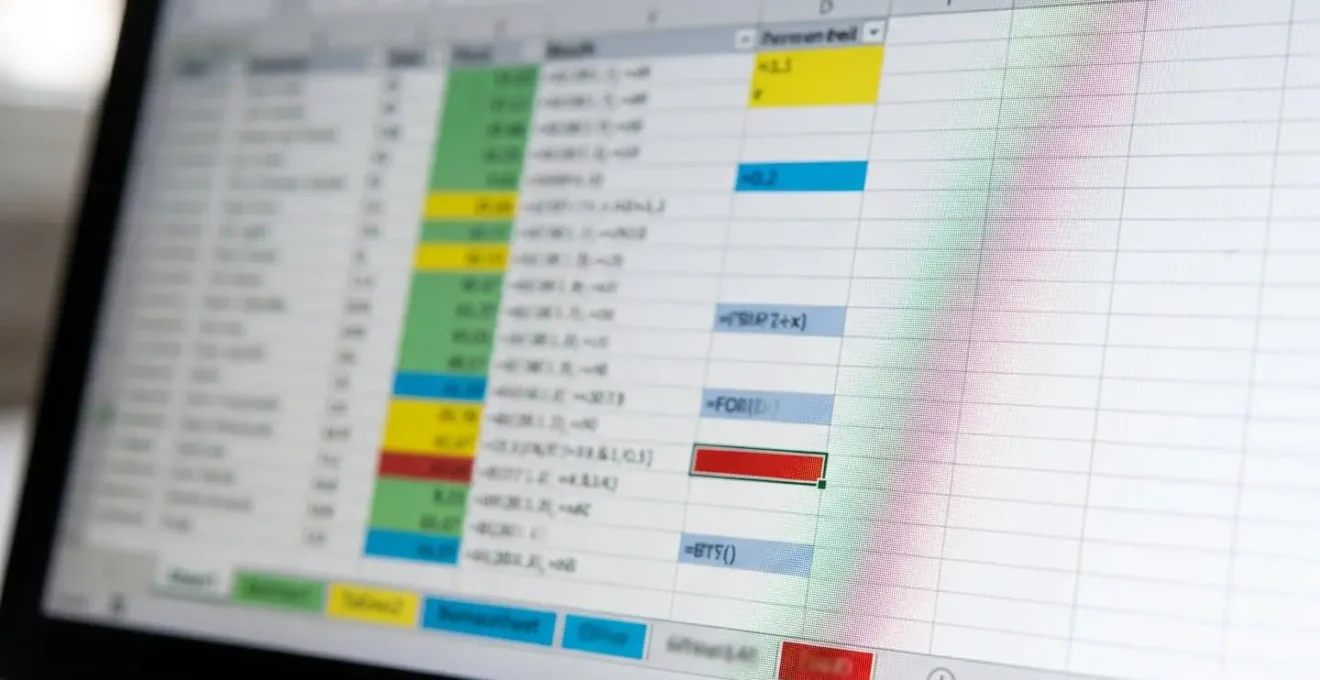 Laptop screen displaying intricate Excel spreadsheet with multiple visible tabs and color-coded calculation columns
