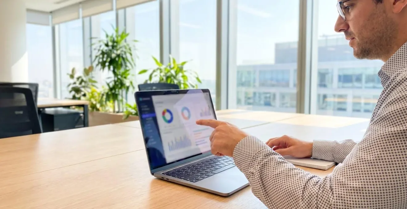 Sales manager reviewing performance metrics on laptop screen in modern office with natural lighting