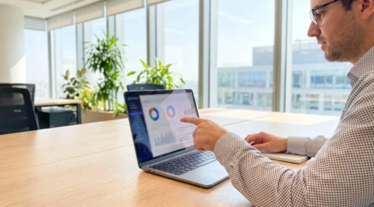 Sales manager reviewing performance metrics on laptop screen in modern office with natural lighting