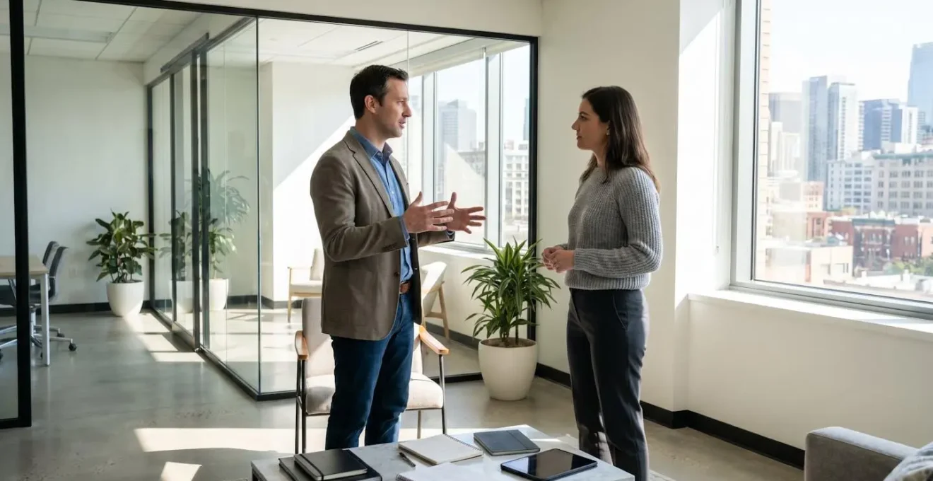 Two business professionals engaged in collaborative conversation in modern office with glass walls and natural daylight